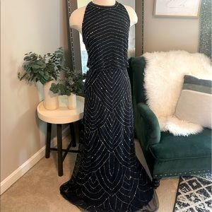 Adrianna Papell beaded navy blue evening gown